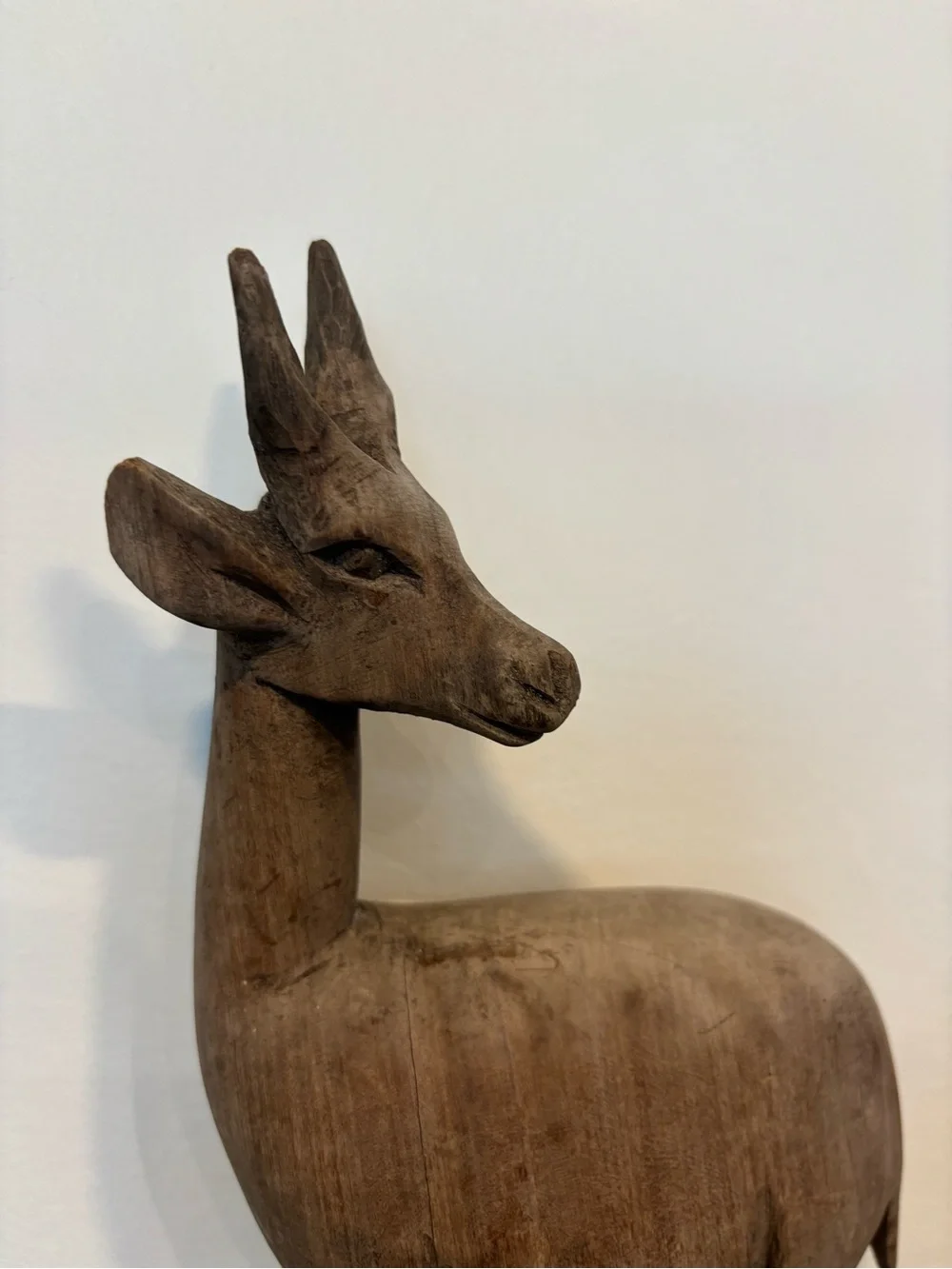 Vintage Hand Carved Rustic Natural Wood Antelope Figurines, Matte, Set Of 2